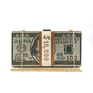 Rhinestone dollar bill clutch bag crystal evening bag metal chain purse for women