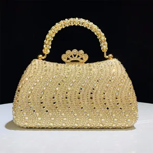 Bolso de mano de noche con pedrería dorada, elegante bolso de novia de cristal para fiesta.