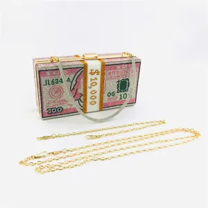 Rhinestone dollar bill clutch bag for women, sparkling crystal evening bag with chain strap.