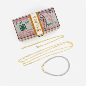 Rhinestone Dollar Bill Clutch Bag Women Money Stack Evening Purse with Metal Chains