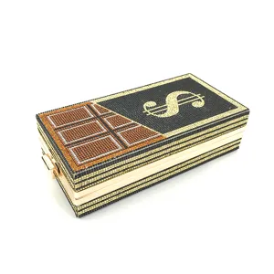 Rhinestone evening clutch bag, chocolate and dollar sign design, luxury crystal minaudiere purse.