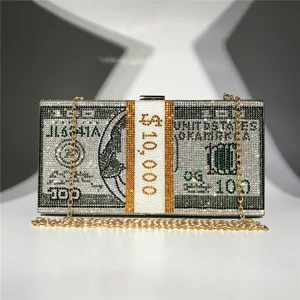 Sparkling rhinestone US dollar bill clutch bag luxury evening purse with gold chain strap