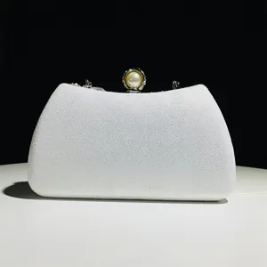 Elegant white evening clutch bag with pearl clasp for women wedding party banquet dress purse.