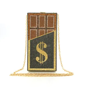 Rhinestone chocolate dollar clutch bag, luxury crystal evening bag with gold chain strap.