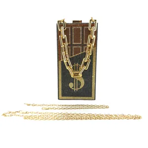 Sparkling rhinestone chocolate dollar sign evening clutch bag with gold chain for women party.