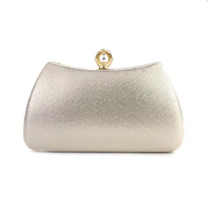 Detailed view of gold glitter evening clutch with elegant pearl clasp for party wear.