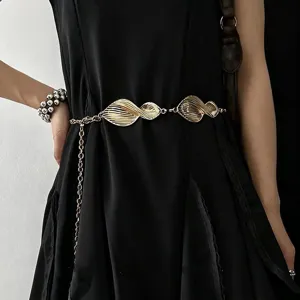 Gold metal waist chain for women, chic leaf design spliced belt fashion clothing accessory.