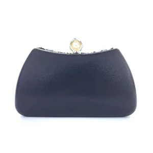 Elegant black evening clutch bag with pearl clasp and delicate beaded top for party and wedding.