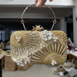 Gold sequin pearl evening clutch bag with metal round handle elegant wedding party purse