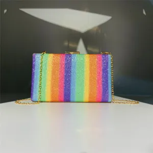 Women rainbow sequin clutch bag luxury metallic chain evening shoulder bag for party wedding