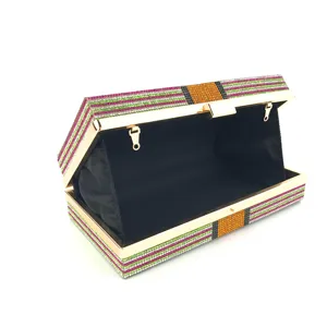 Rhinestone crystal box clutch evening bag, metallic frame dollar money stack design for women.