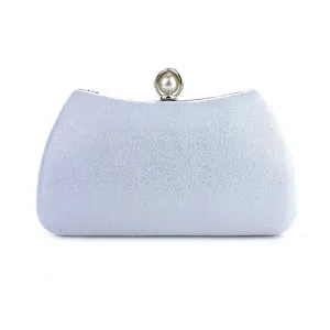 Silver sparkly evening clutch bag with elegant pearl clasp for wedding party events detail view