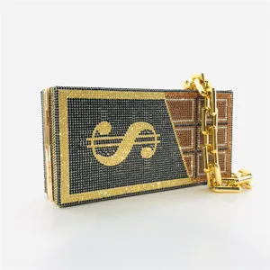 Stunning rhinestone dollar and chocolate clutch bag detail, sparkling crystal evening handbag.