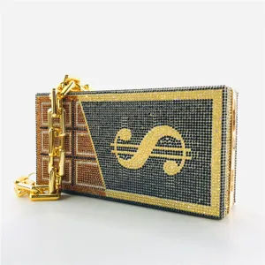 Rhinestone crystal evening clutch bag with unique dollar sign and chocolate bar design details.