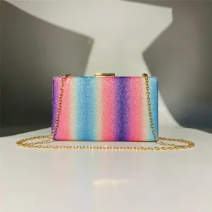 Sparkly rainbow glitter clutch bag for women, elegant evening party box bag with gold chain.