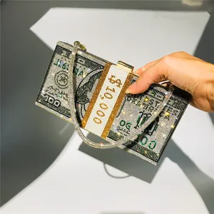 Rhinestone dollar bill shape evening clutch bag luxury crystal money stack purse for women