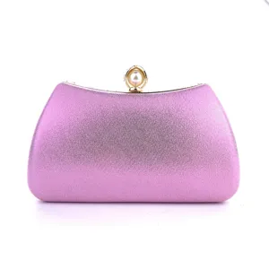 Elegant pink evening clutch bag with pearl clasp, sparkling finish for party wedding.