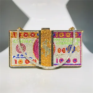 Stunning rhinestone dollar bill clutch bag, sparkling crystal evening bag for women, luxury party purse.