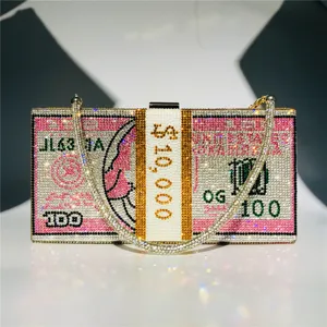 Sparkling rhinestone money stack clutch bag detail, unique dollar bill design evening purse.