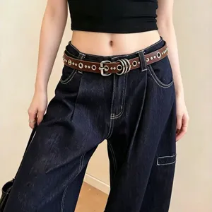 Sweet Cool Punk Style Women Leather Belt With Metal Studs Double Ring Buckle Fashion Waist Belt For Daily Outfits