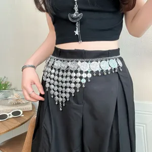Bohemian silver coin tassel waist chain vintage multi-layer metal belt body jewelry for women