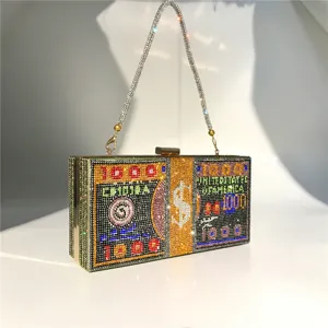 Rhinestone dollar bill design evening clutch bag, sparkling crystal novelty party handbag.