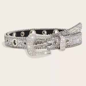 Silver rhinestone studded belt for women, Y2K aesthetic sweet cool sparkly waist accessory.