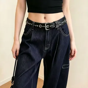 Punk style women rivet multi hole black leather belt cool fashion waist accessory.