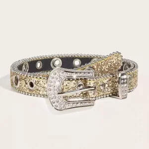 Y2K rhinestone studded belt detail, shiny glitter finish, western buckle, stylish waist accessory.