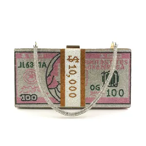 Rhinestone money clutch bag, US dollar bill design evening purse with crystal chain.