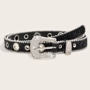 Y2K rhinestone waist belt for women, sparkle black PU leather belt with sparkly buckle.