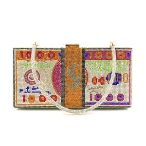 Rhinestone money clutch bag, sparkly crystal dollar bill design evening bag for women.