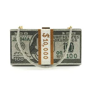 Rhinestone dollar bill clutch bag sparkling crystal evening purse for women party handbag.