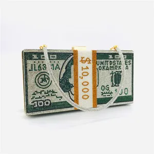 Rhinestone dollar bill evening clutch bag sparkling crystal money box purse for women party
