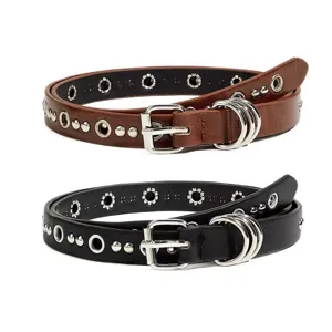 Punk style multi-hole leather belt for women with metal rivets and double rings.