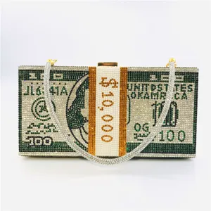 Sparkling rhinestone US dollar bill clutch bag, stylish evening purse with chain strap.