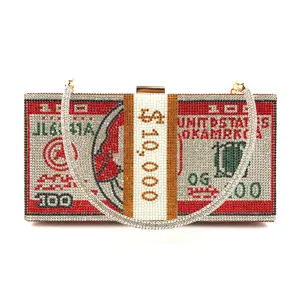 Rhinestone dollar money clutch bag detail, sparkly crystal evening purse with chain strap.