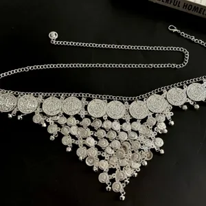 Silver bohemian coin tassel waist chain belly dance belt multi-layer retro body jewelry.