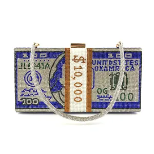 Rhinestone dollar bill design evening clutch bag with metal chain strap for women