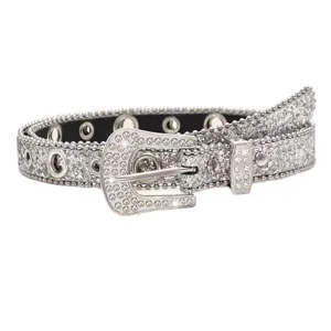 Y2K rhinestone waist belt for women, sparkly crystal studded leather belt fashion accessory.