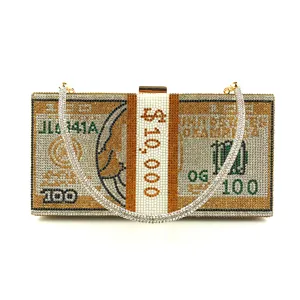 Rhinestone Dollar Clutch Bag Luxury Crystal Evening Purse 10000 USD Money Minaudiere Bag