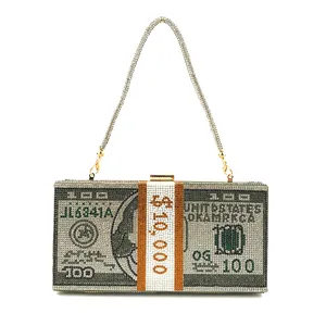 Rhinestone Dollar Bill Clutch Bag Luxury Crystal Evening Purse Money Handbag for Women