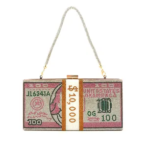 Crystal rhinestone money clutch bag for women, dollar bill design evening party metal purse.