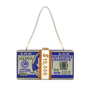 Sparkling Rhinestone Crystal Dollar Money Clutch Bag Luxury Cash Evening Minaudiere