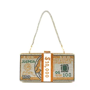 Rhinestone dollar bill clutch bag for women, sparkling crystal evening bag for party prom.