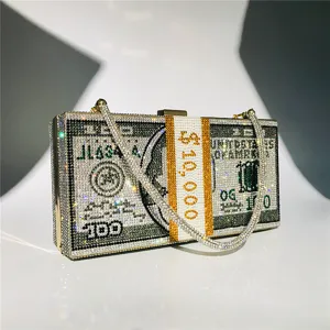 Glittering rhinestone dollar bill clutch bag for women, exquisite crystal evening party purse.