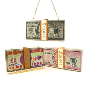 Rhinestone money clutch bag US dollar bill evening purse with chain strap for women.