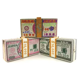 Rhinestone dollar bill clutch bag crystal cash evening purse metallic hard case party handbag