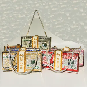 Rhinestone dollar bill clutch bag crystal money stack evening purse for women luxury party handbag