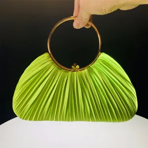 Green satin pleated evening clutch bag with elegant metal ring handle for women party